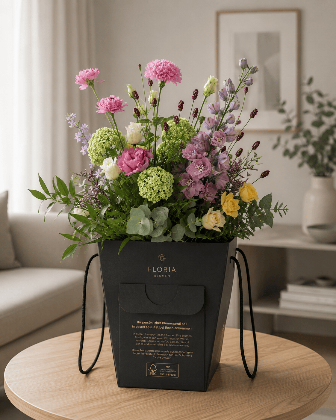 “Moderner Blumenstrauß von Floria Blumen in eleganter Versandtasche auf einem Wohnzimmertisch – frisch gebunden und bereit zur lokalen Lieferung in Mönchengladbach.”
