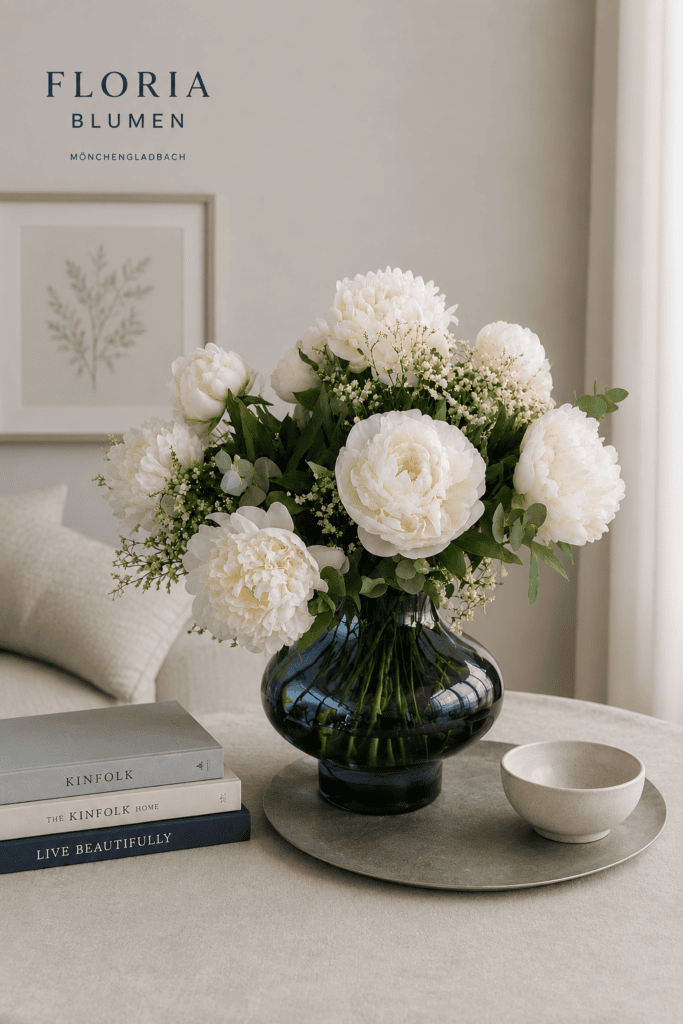 “Eleganter weißer Pfingstrosenstrauß in dunkler Glasvase in stilvollem skandinavischem Interieur von Floria Blumen Mönchengladbach”