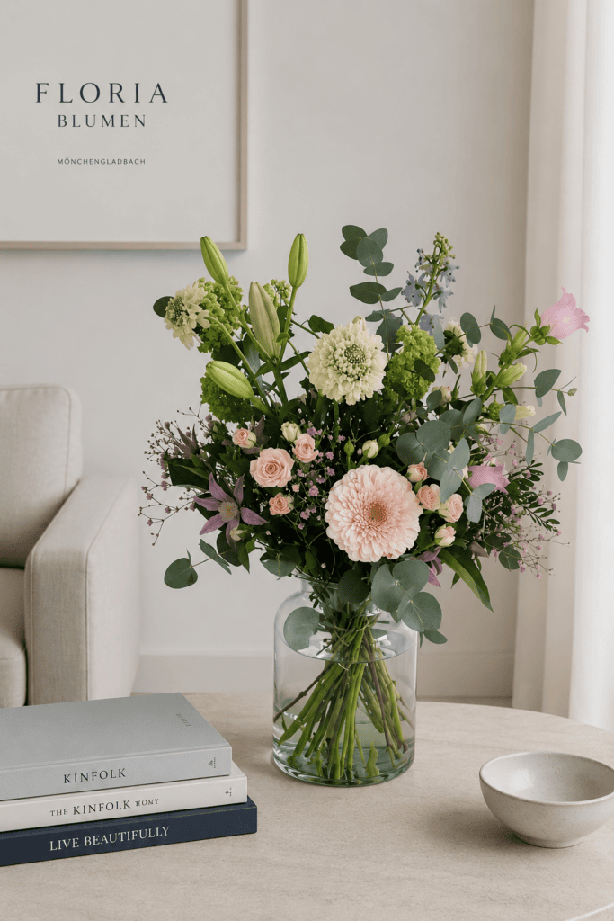 “Luftig gebundener Pastell-Blumenstrauß mit Gerbera, Rosen und Eukalyptus in Glasvase in stilvollem skandinavischem Interieur von Floria Blumen Mönchengladbach