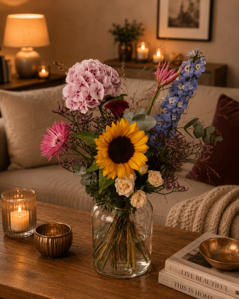 Winterlicher Blumenstrauß mit Sonnenblume und Hortensie in gemütlicher Wohnzimmeratmosphäre – Floria Blumen Mönchengladbach
