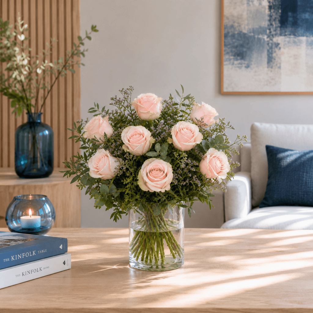 Eleganter Rosenstrauß mit zarten rosa Rosen von Floria Blumen in modernem Wohninterieur.