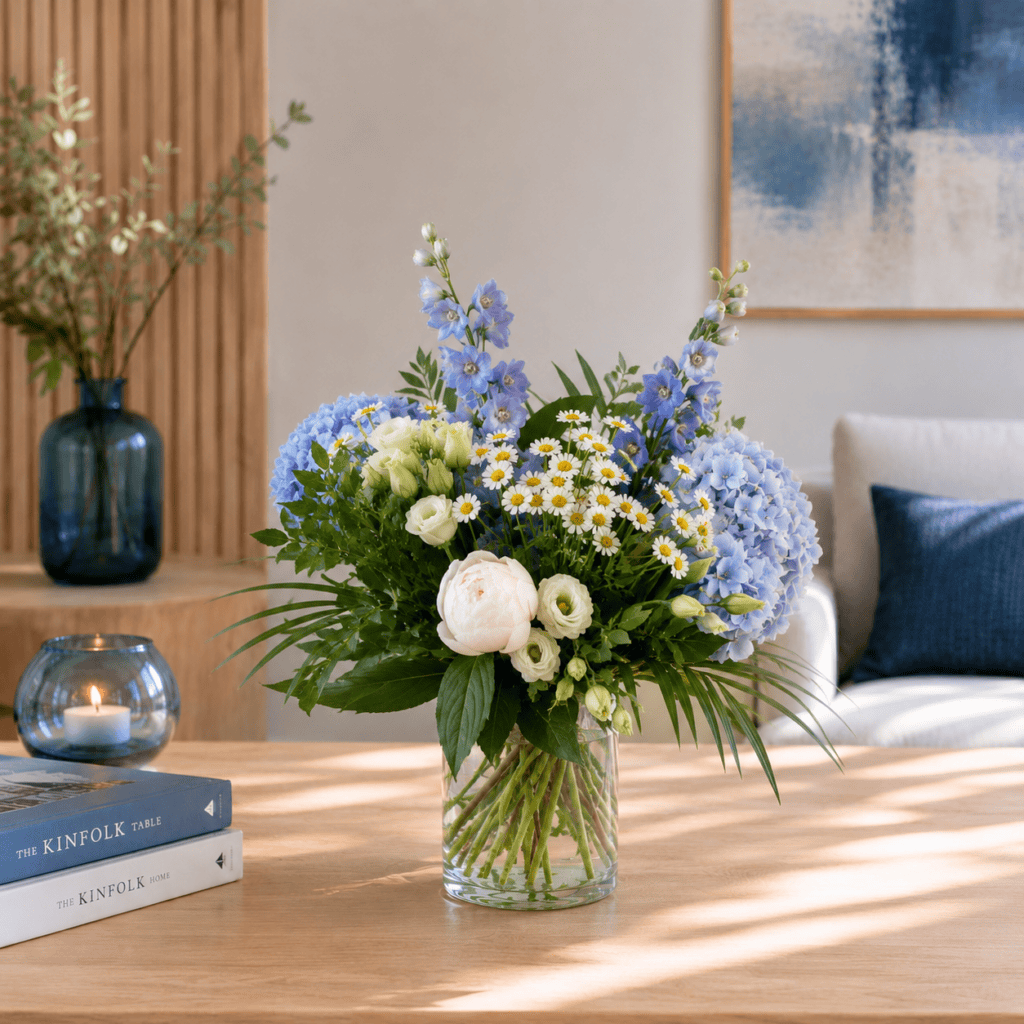 Saisonaler Blumenstrauß mit frischen Sommerblumen in heller skandinavischer Wohnatmosphäre.