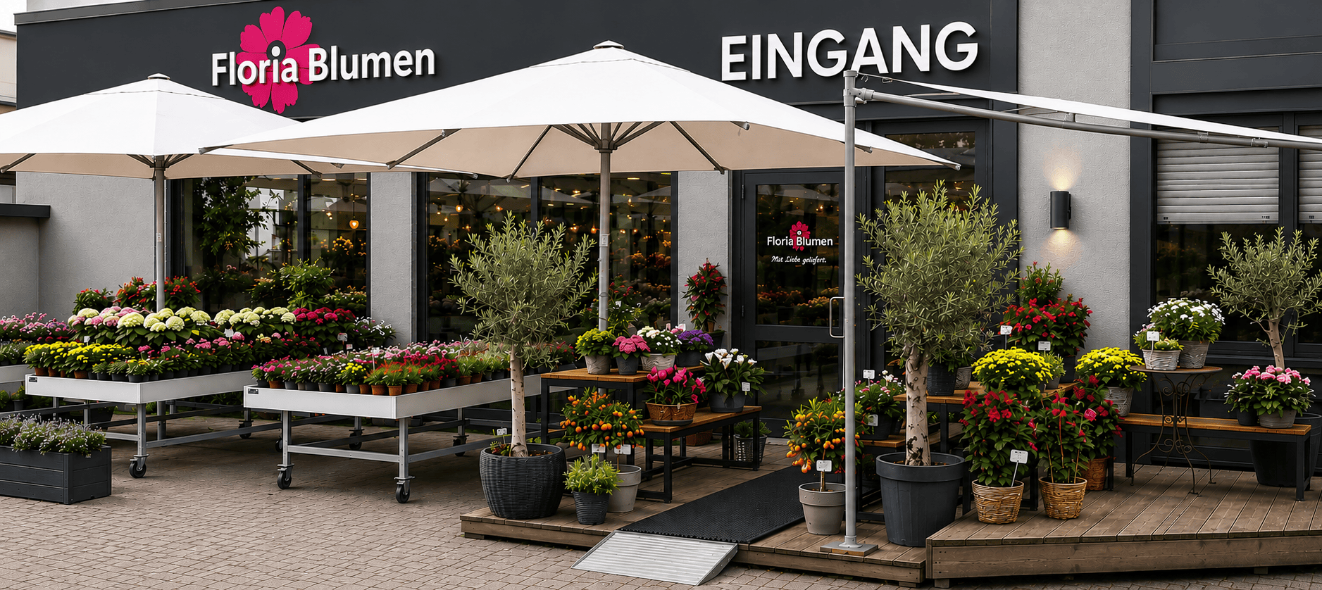 Moderner Eingangsbereich von Floria Blumen in Mönchengladbach mit stilvoller Floristik, Pflanzen und liebevoll dekorierter Außenpräsentation