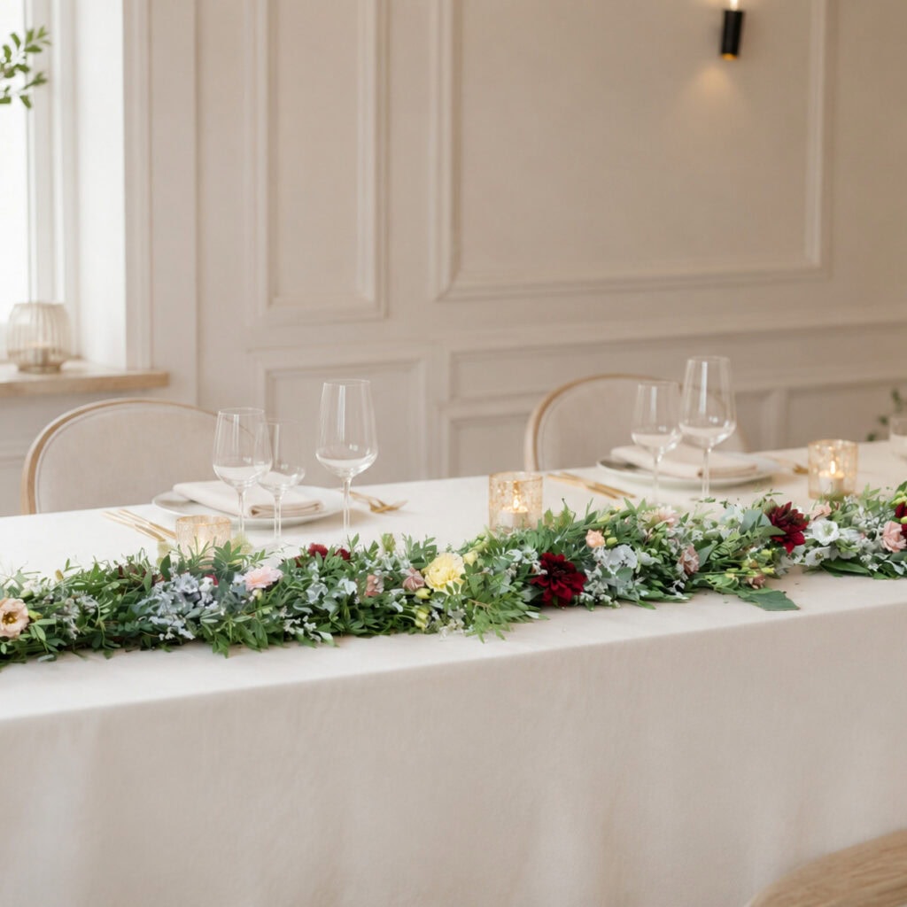 Hochzeitstafel mit moderner Blumengirlande in Mönchengladbach