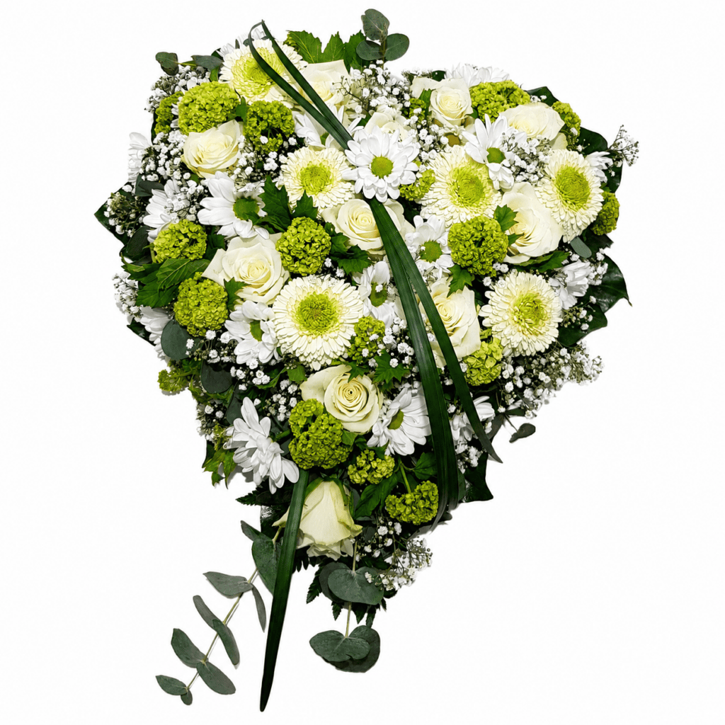 Weiß-grünes Trauerherz mit Rosen, Chrysanthemen und Schleierkraut von Floria Blumen