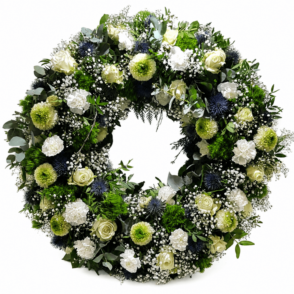 Weiß-grüner Trauerkranz mit Rosen, Disteln und Schleierkraut von Floria Blumen